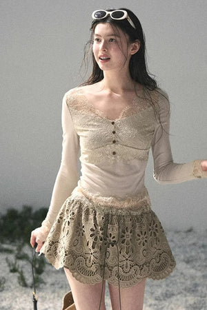 Floral Hollow-Out Puffy Skirt