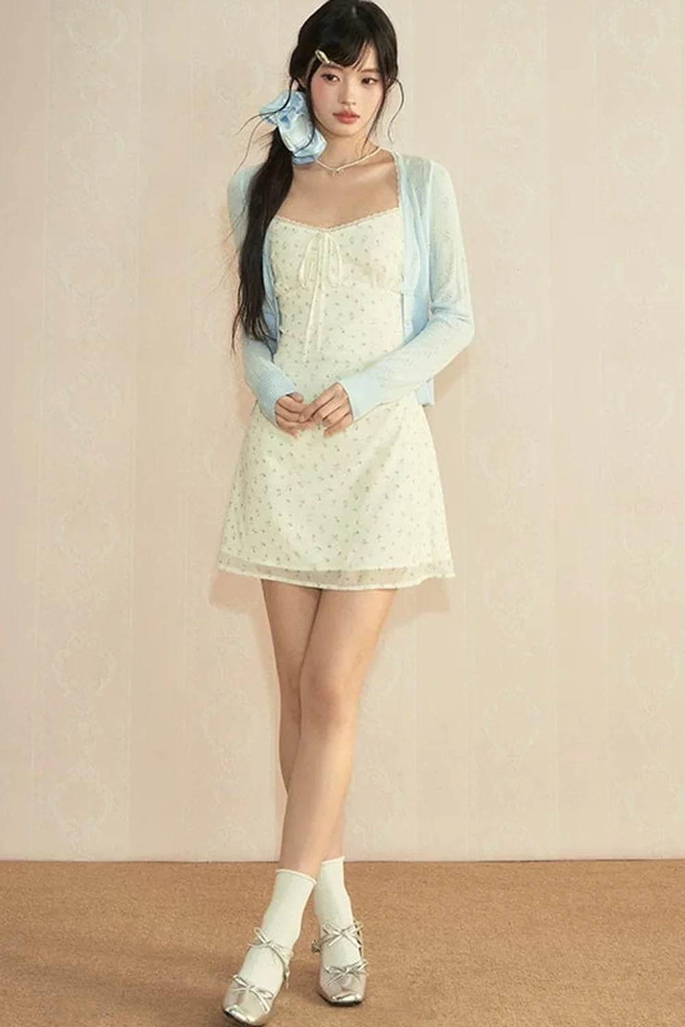 Floral Lace Camisole Dress & Cardigan Set-Up