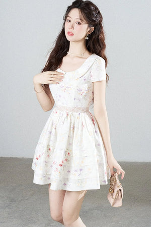 Floral Lace Cutout Waist Puff Dress