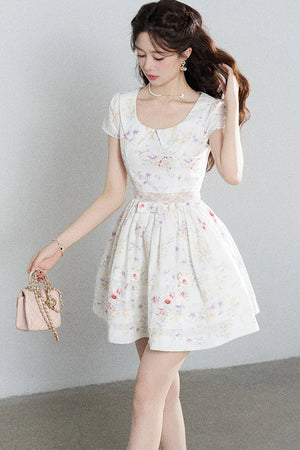 Floral Lace Cutout Waist Puff Dress