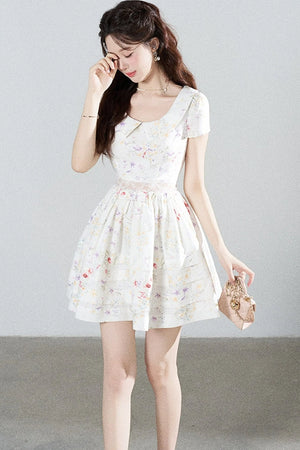 Floral Lace Cutout Waist Puff Dress