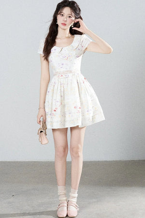 Floral Lace Cutout Waist Puff Dress