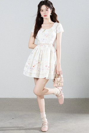 Floral Lace Cutout Waist Puff Dress
