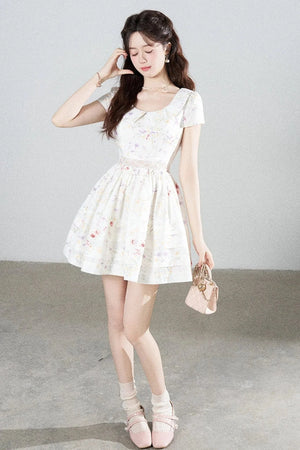 Floral Lace Cutout Waist Puff Dress