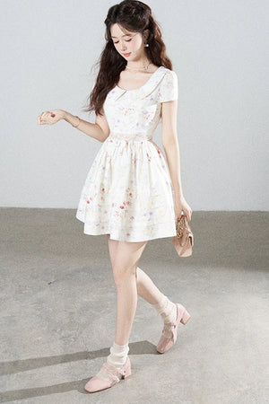 Floral Lace Cutout Waist Puff Dress