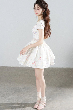 Floral Lace Cutout Waist Puff Dress