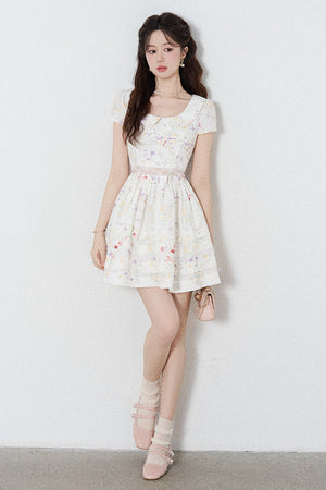 Floral Lace Cutout Waist Puff Dress
