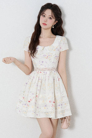 Floral Lace Cutout Waist Puff Dress