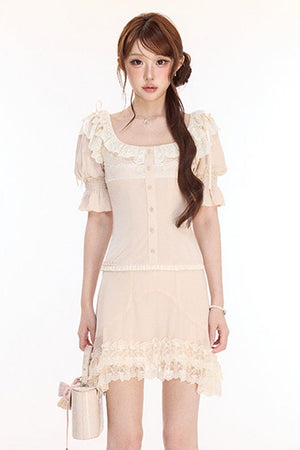 Floral Lace Lantern Sleeve Top and Chiffon Skirt Set-Up