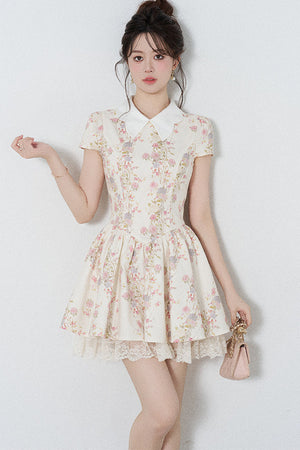Floral Lace Puff Short Dress