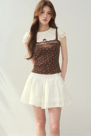 Floral Lace Strap Camisole And Puff Sleeve Top