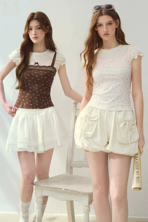 Floral Lace Strap Camisole And Puff Sleeve Top