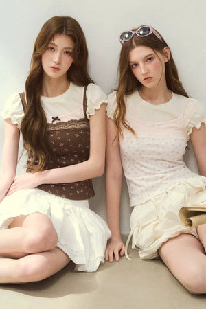 Floral Lace Strap Camisole And Puff Sleeve Top