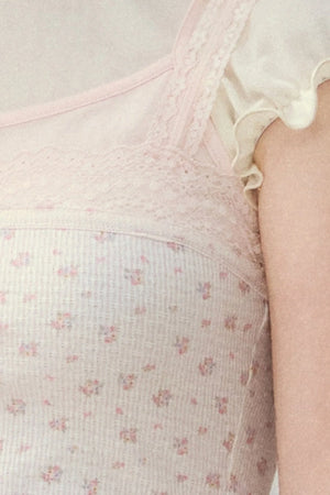 Floral Lace Strap Camisole And Puff Sleeve Top
