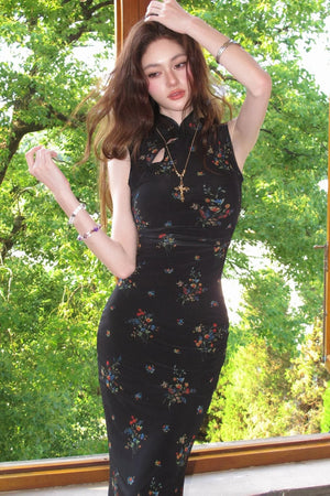 Floral Mesh Cheongsam Long Dress
