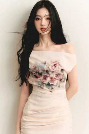 Floral Oil Painting Off-Shoulder Ruched Dress