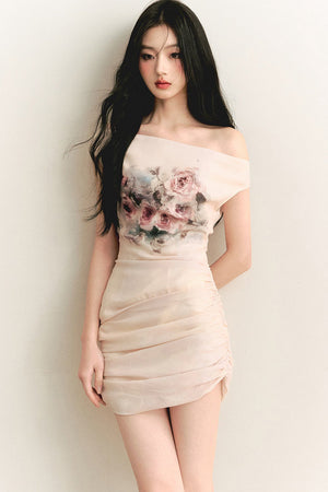 Floral Oil Painting Off-Shoulder Ruched Dress