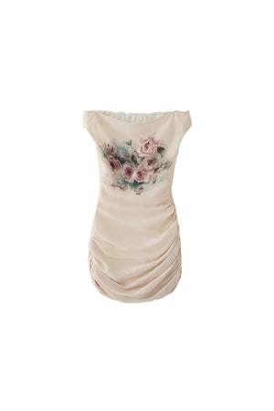 Floral Oil Painting Off-Shoulder Ruched Dress