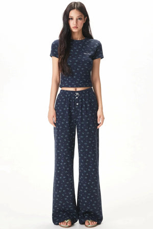 Floral Placket Blouse and Pants Set-Up