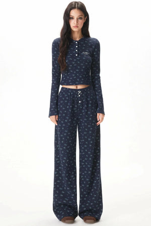 Floral Placket Blouse and Pants Set-Up