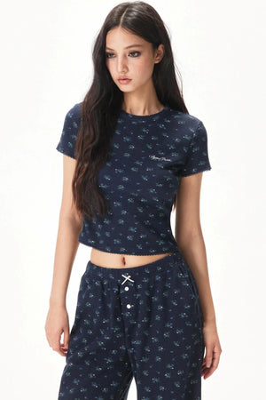 Floral Placket Blouse and Pants Set-Up