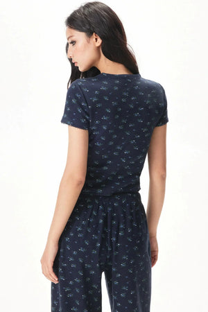 Floral Placket Blouse and Pants Set-Up