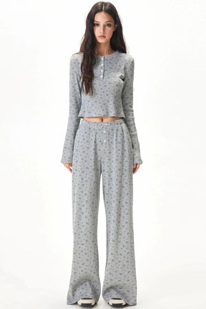 Floral Placket Blouse and Pants Set-Up