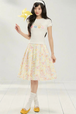 Floral Pleated Skirt and T-shirt Set-Up
