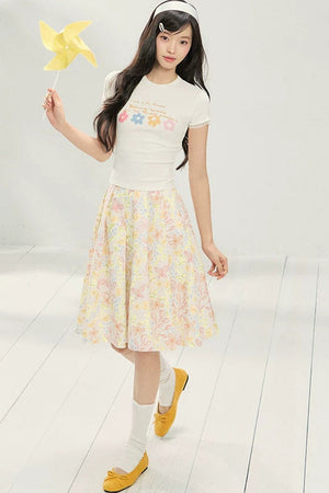 Floral Pleated Skirt and T-shirt Set-Up