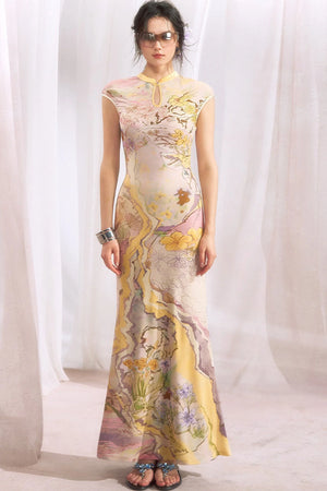 Floral Print Cheongsam Collar Camisole Dress