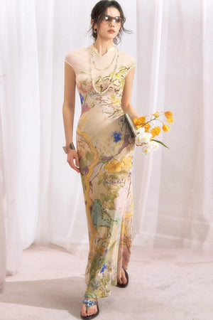 Floral Print Cheongsam Collar Camisole Dress