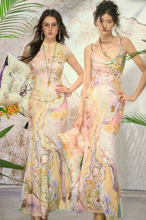 Floral Print Cheongsam Collar Camisole Dress