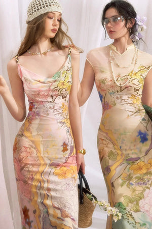 Floral Print Cheongsam Collar Camisole Dress