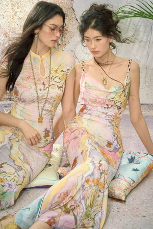 Floral Print Cheongsam Collar Camisole Dress