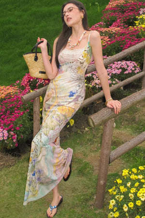 Floral Print Cheongsam Collar Camisole Dress
