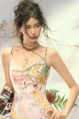 Floral Print Cheongsam Collar Camisole Dress