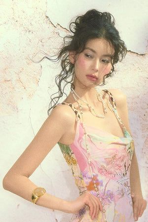 Floral Print Cheongsam Collar Camisole Dress