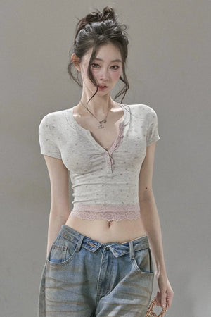 Floral Print Henley Lace Trim Top