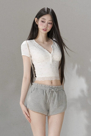 Floral Print Henley Lace Trim Top