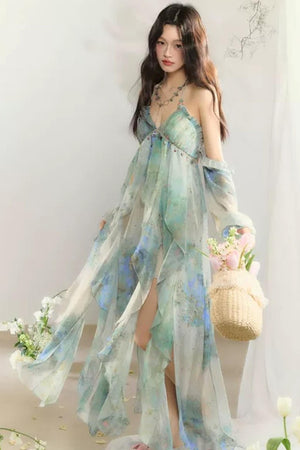 Floral Print Layered-Look Spaghetti Strap Dress