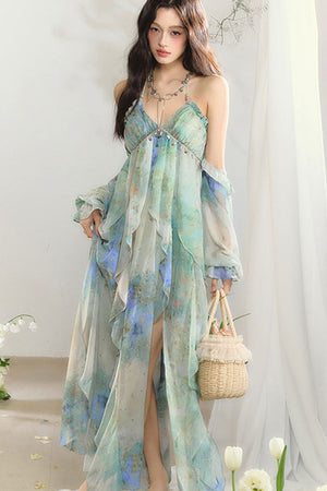 Floral Print Layered-Look Spaghetti Strap Dress