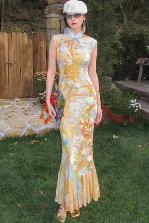 Floral Print Mermaid Cheongsam Dress