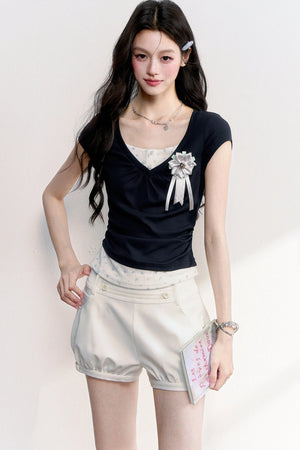 Floral Ruched Fake Two-Piece T-Shirt