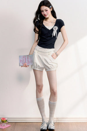 Floral Ruched Fake Two-Piece T-Shirt