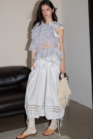 Floral Ruffle Top And White Balloon Pants