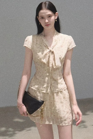 Floral Waist-Cinching Slim-Fit Short-Sleeved Top Skirt Set