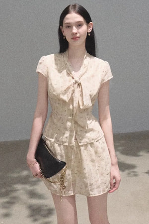 Floral Waist-Cinching Slim-Fit Short-Sleeved Top Skirt Set