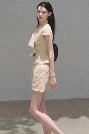 Floral Waist-Cinching Slim-Fit Short-Sleeved Top Skirt Set