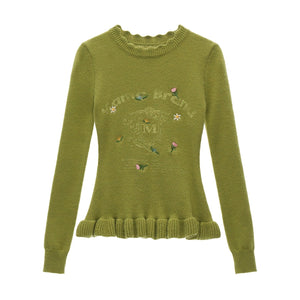 Flower Embroidery Round Neck Sweater