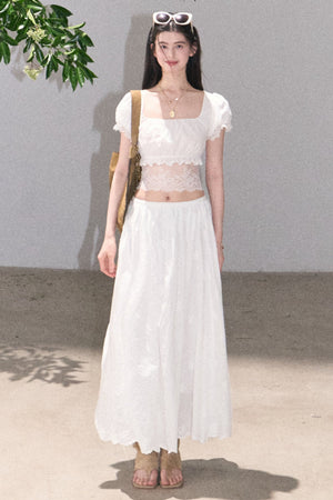 Flower Shape Cotton Lace Top And Skirt Set-Up
